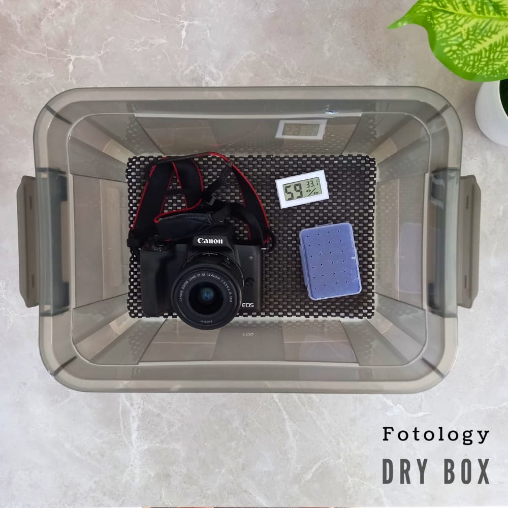 Fotology Dry box kamera tempat penyimpanan kamera dan lensa portable kita silica gel dan thermohygrometer